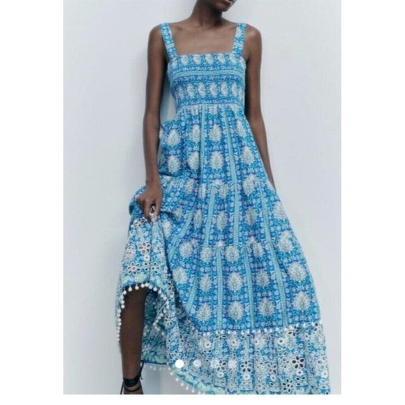 Zara Printed Embroidered Dress Ruffles Size XS - Picture 2 of 8